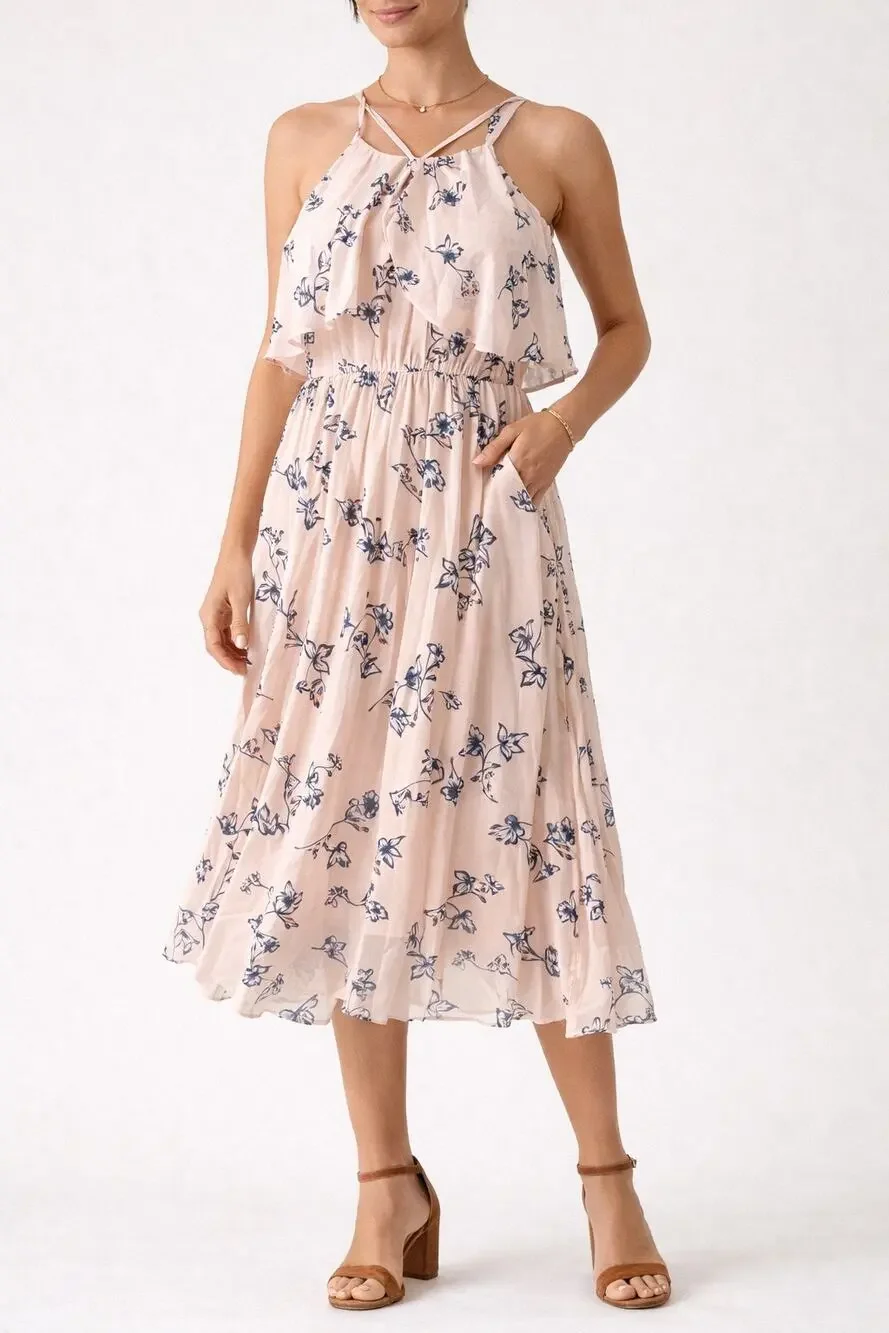 Shoshanna Blush Floral Halter Pleated Midi Dress Size 6